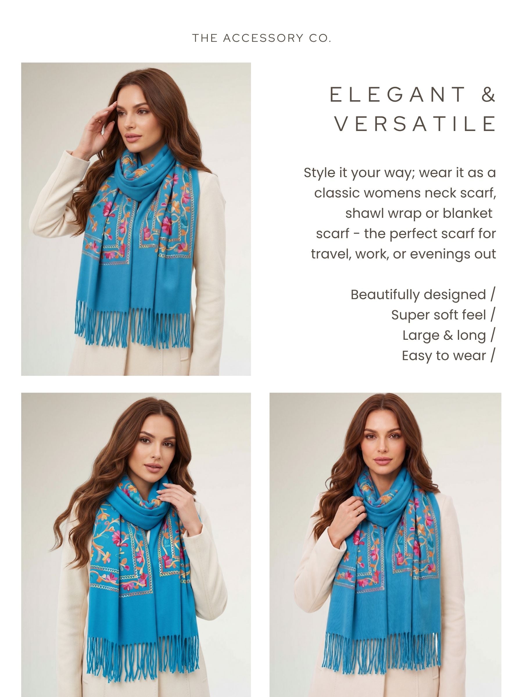 LARGE BLUE FLOWER PRINT CASHMERE COTTON BLEND WINTER SHAWL BLANKET SCARF