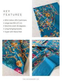 LARGE BLUE FLOWER PRINT CASHMERE COTTON BLEND WINTER SHAWL BLANKET SCARF