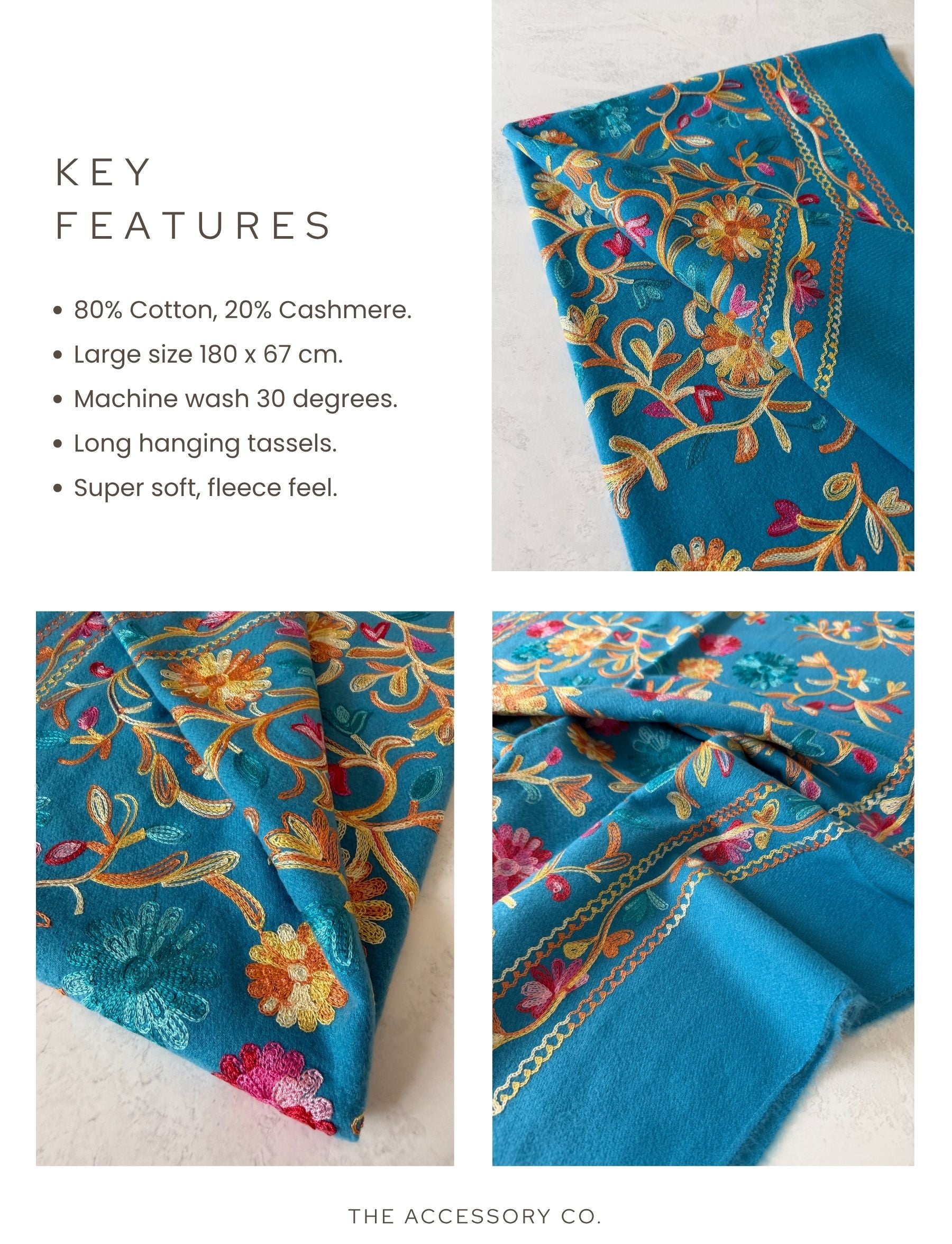 LARGE BLUE FLOWER PRINT CASHMERE COTTON BLEND WINTER SHAWL BLANKET SCARF