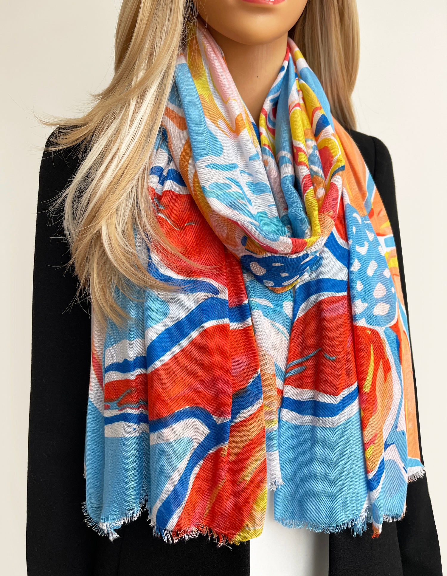 LARGE BLUE ORANGE BRIGHT FLORAL COTTON MIX SCARF