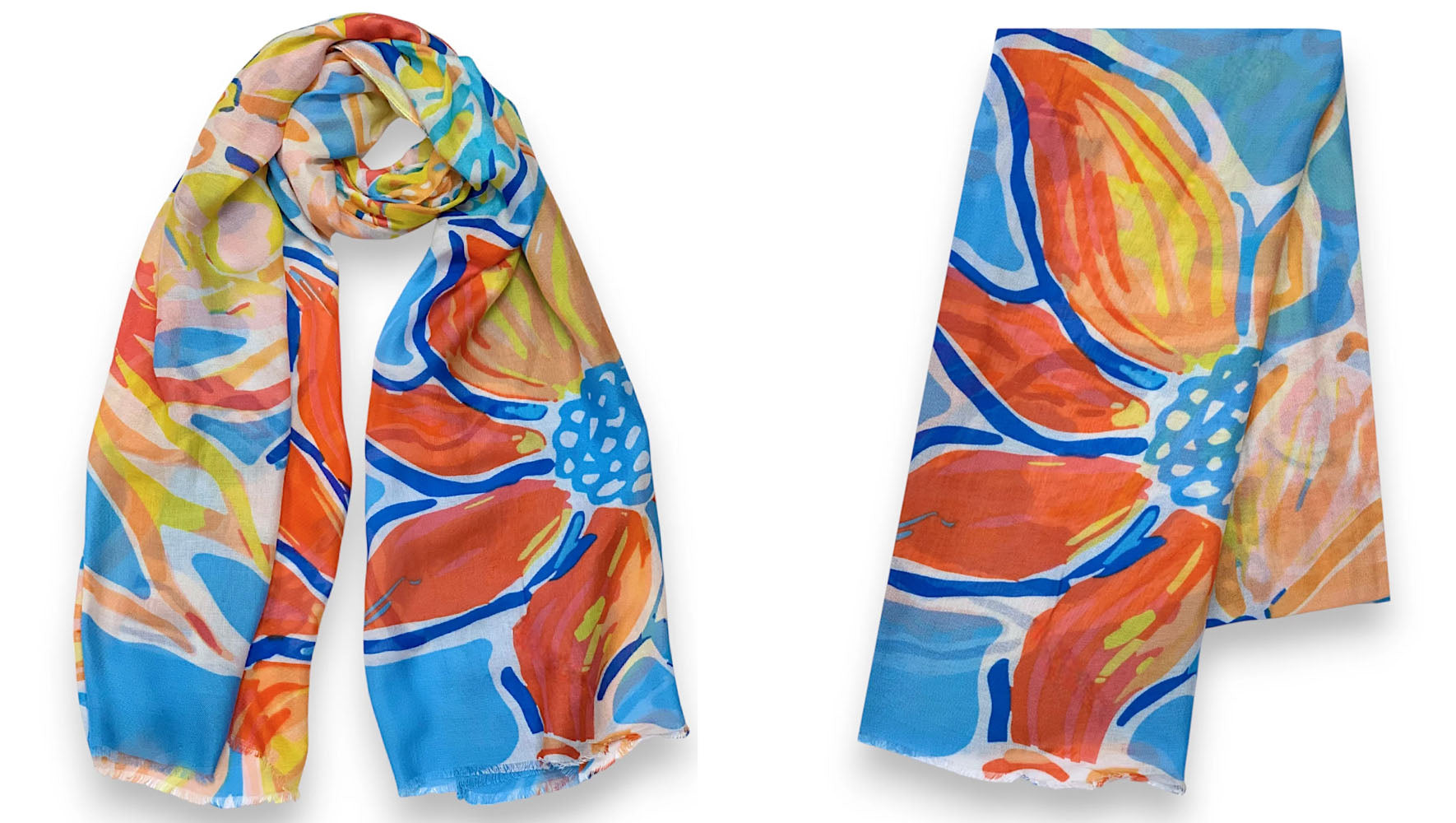 LARGE BLUE ORANGE BRIGHT FLORAL COTTON MIX SCARF
