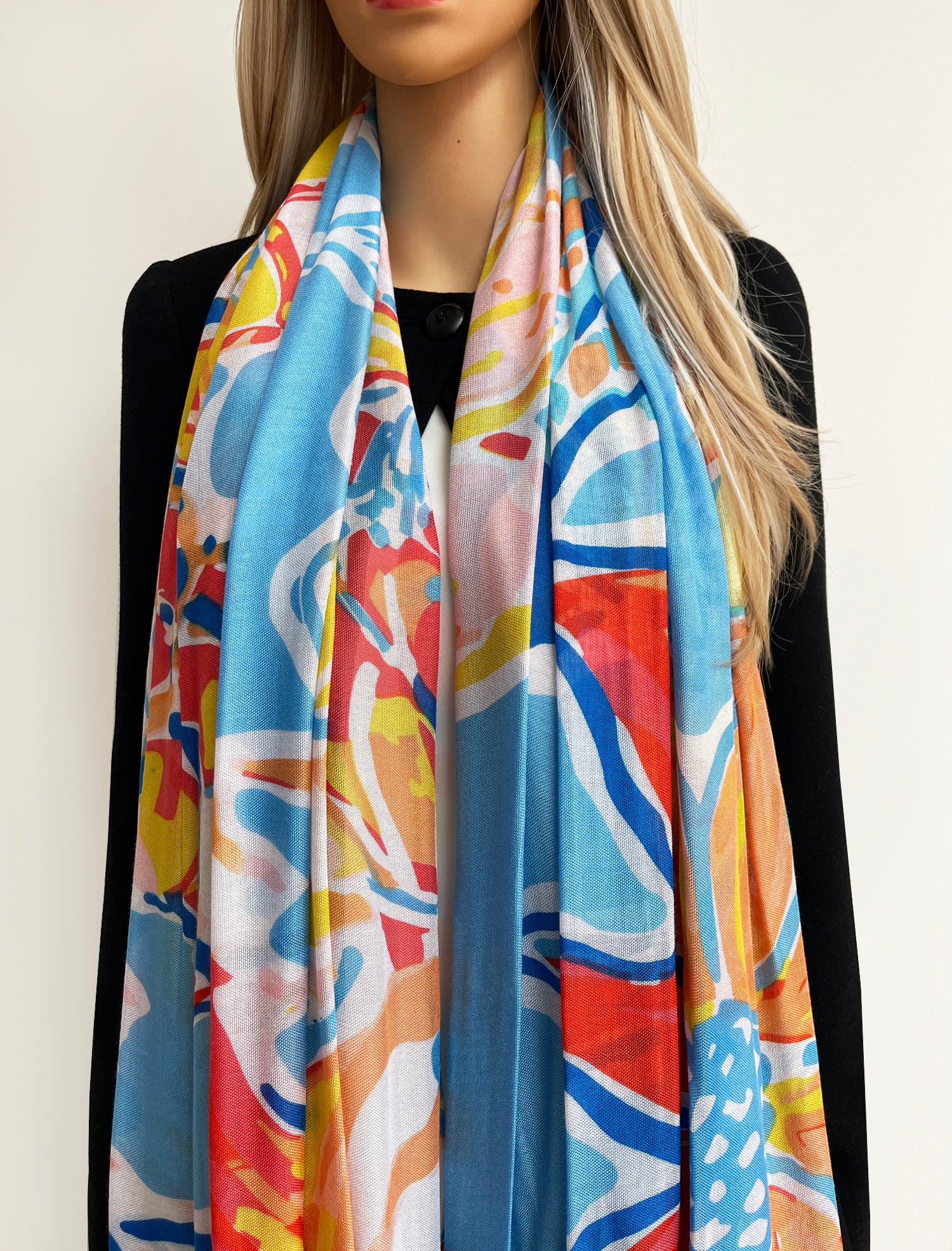 LARGE BLUE ORANGE BRIGHT FLORAL COTTON MIX SCARF