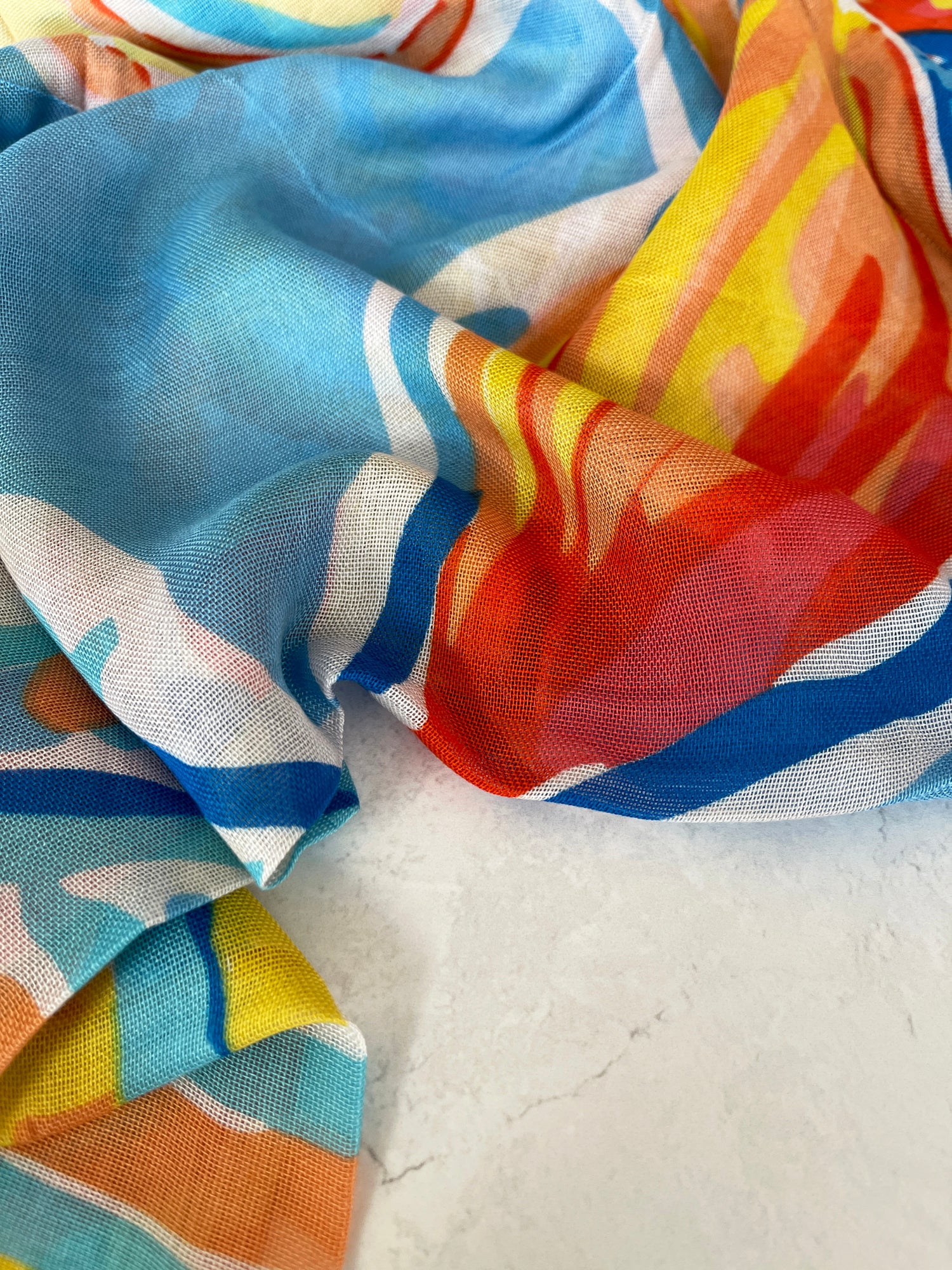 LARGE BLUE ORANGE BRIGHT FLORAL COTTON MIX SCARF