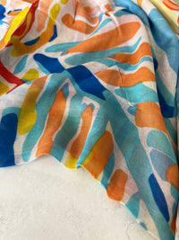 LARGE BLUE ORANGE BRIGHT FLORAL COTTON MIX SCARF