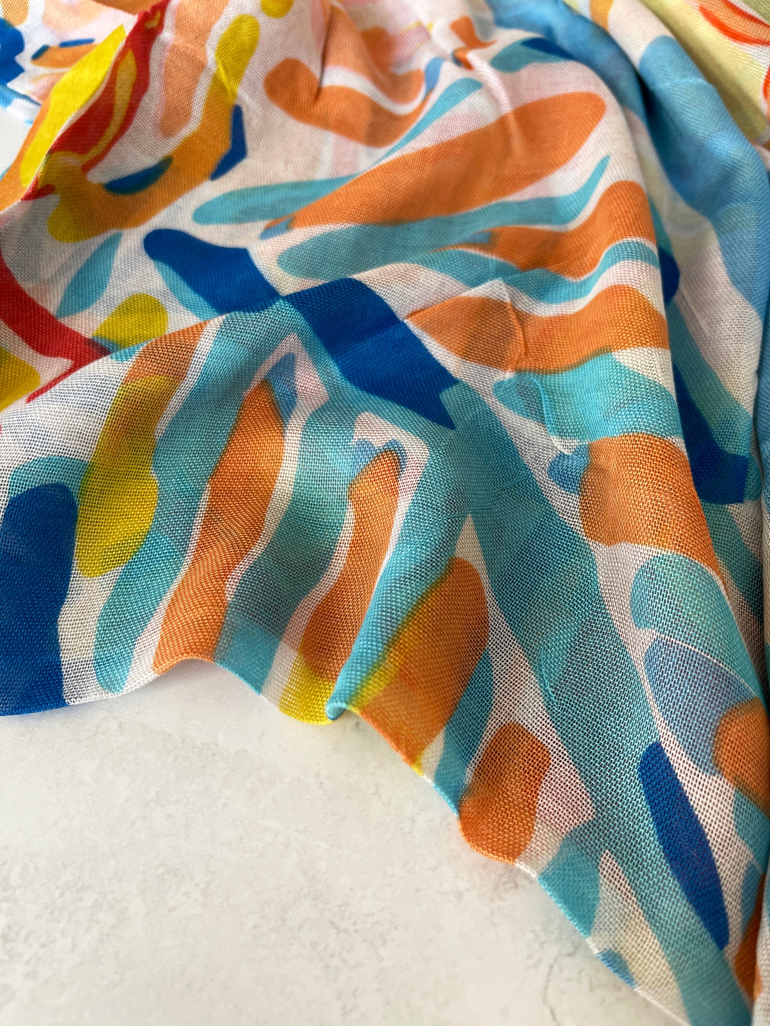 LARGE BLUE ORANGE BRIGHT FLORAL COTTON MIX SCARF