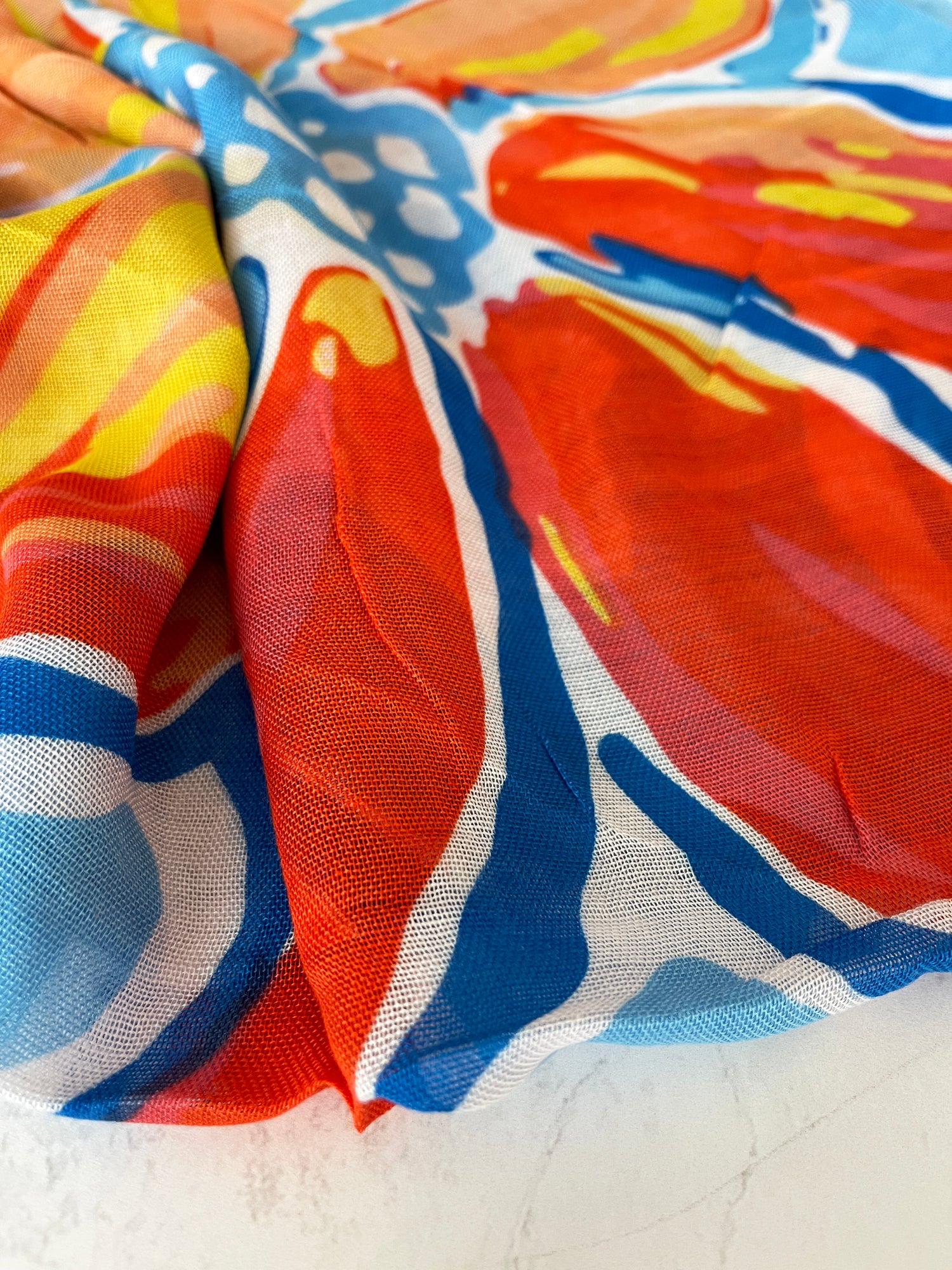 LARGE BLUE ORANGE BRIGHT FLORAL COTTON MIX SCARF