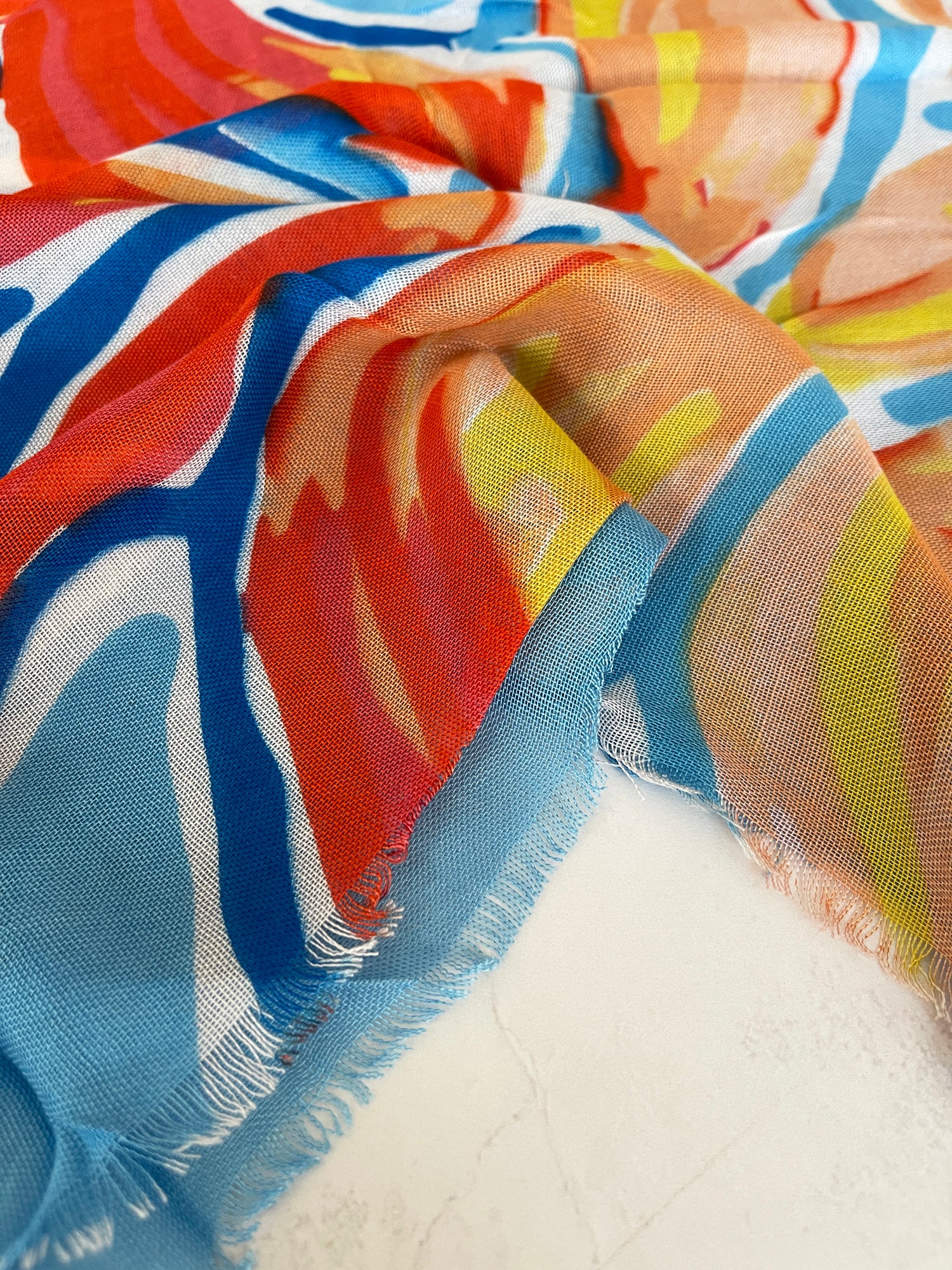 LARGE BLUE ORANGE BRIGHT FLORAL COTTON MIX SCARF