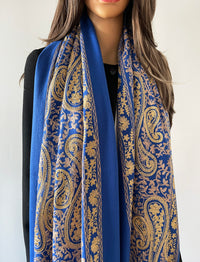 Blue Paisley Cashmere Cotton Blend Winter Shawl Blanket Scarf
