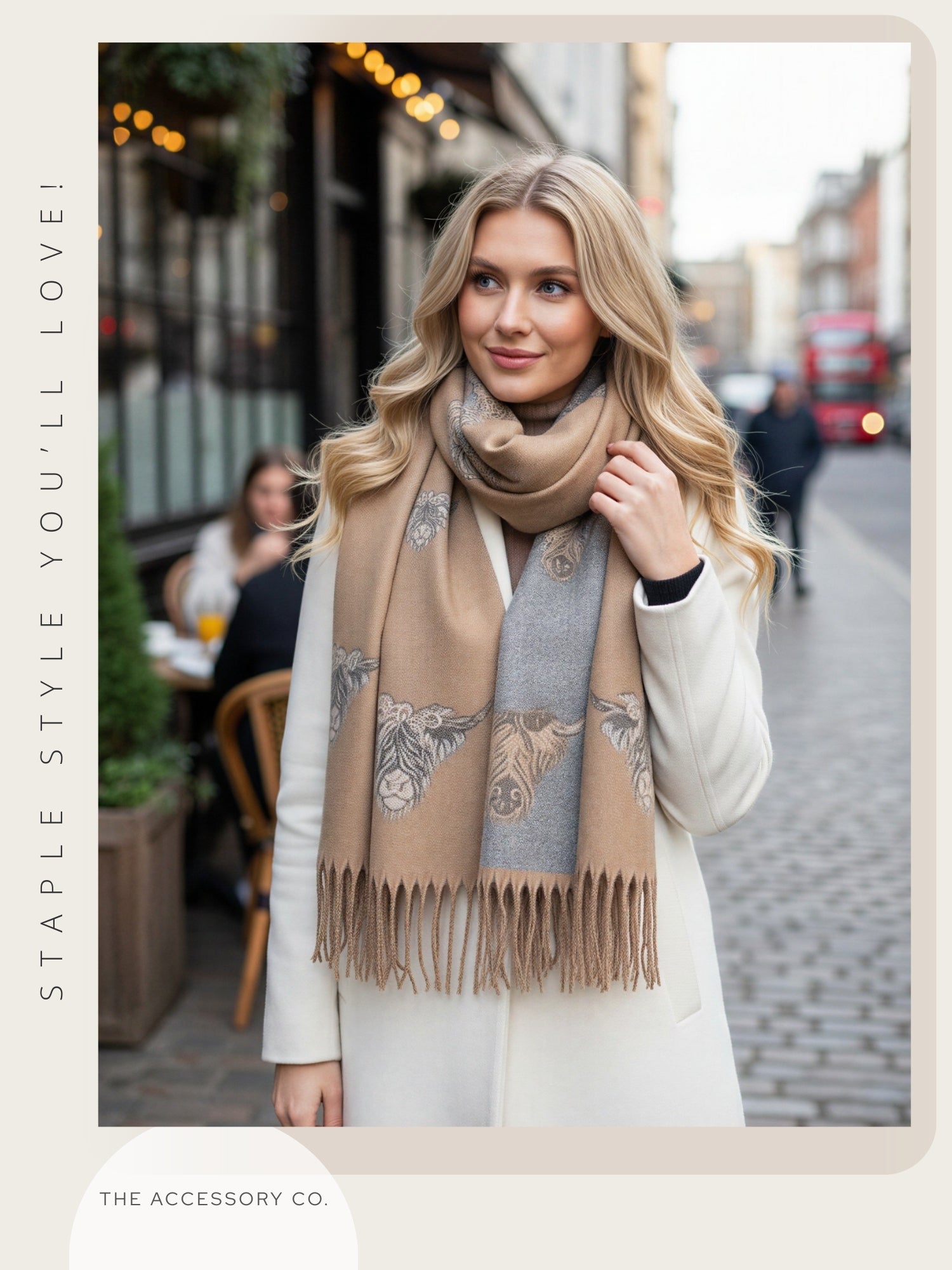 LARGE CAMEL HIGHLAND COW CASHMERE REVERSIBLE SHAWL SCARF