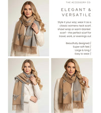 LARGE CAMEL HIGHLAND COW CASHMERE REVERSIBLE SHAWL SCARF