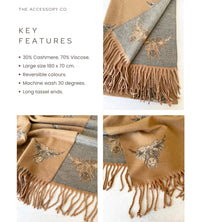 LARGE CAMEL HIGHLAND COW CASHMERE REVERSIBLE SHAWL SCARF