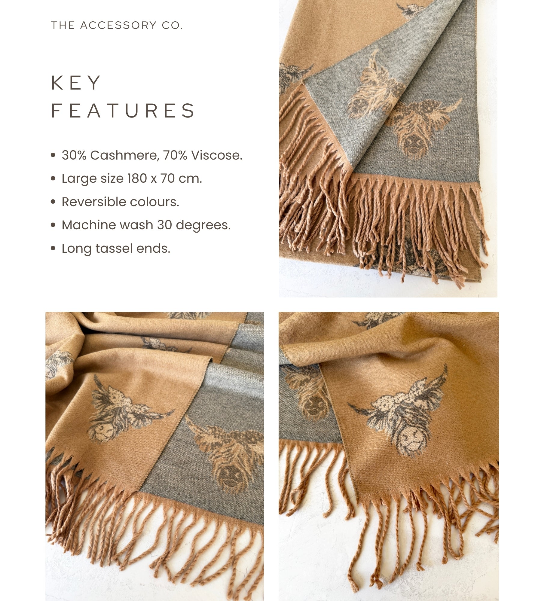 LARGE CAMEL HIGHLAND COW CASHMERE REVERSIBLE SHAWL SCARF