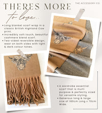 LARGE CAMEL HIGHLAND COW CASHMERE REVERSIBLE SHAWL SCARF