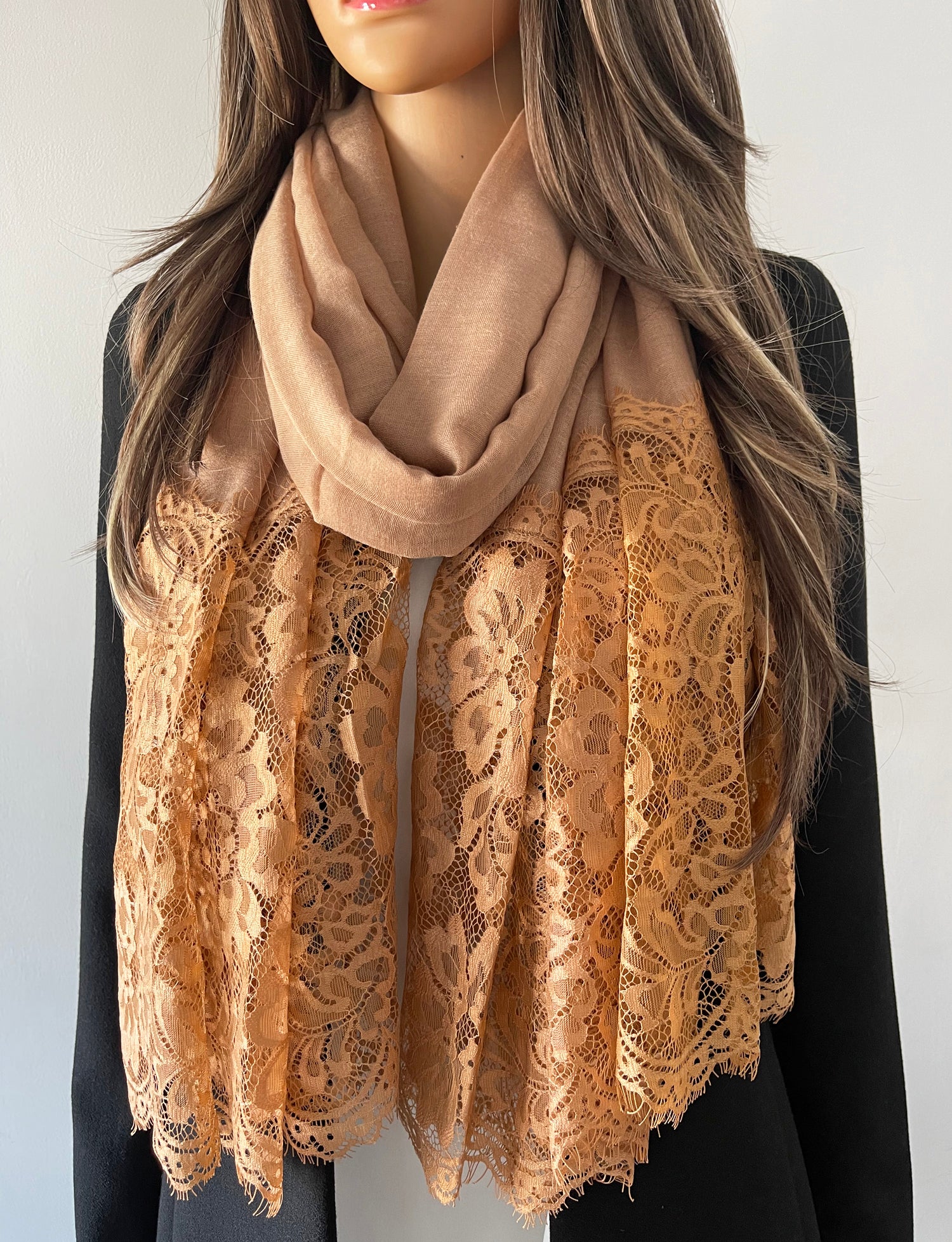 LARGE CAMEL LACE DETAIL LIGHTWEIGHT SCARF - A-SHU.CO.UK