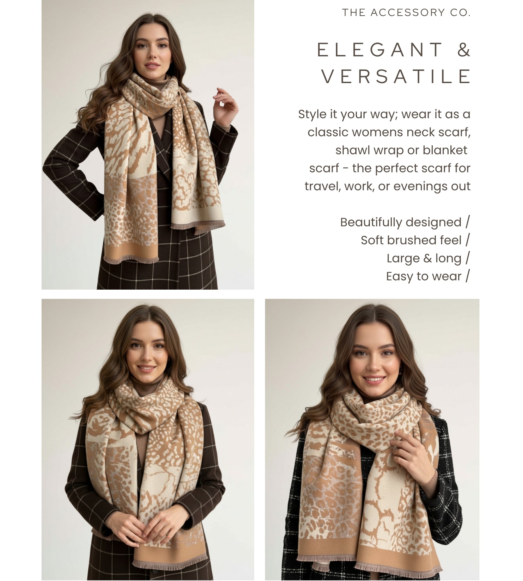 LARGE CAMEL ZEBRA LEOPARD PRINT REVERSIBLE WINTER SHAWL BLANKET SCARF