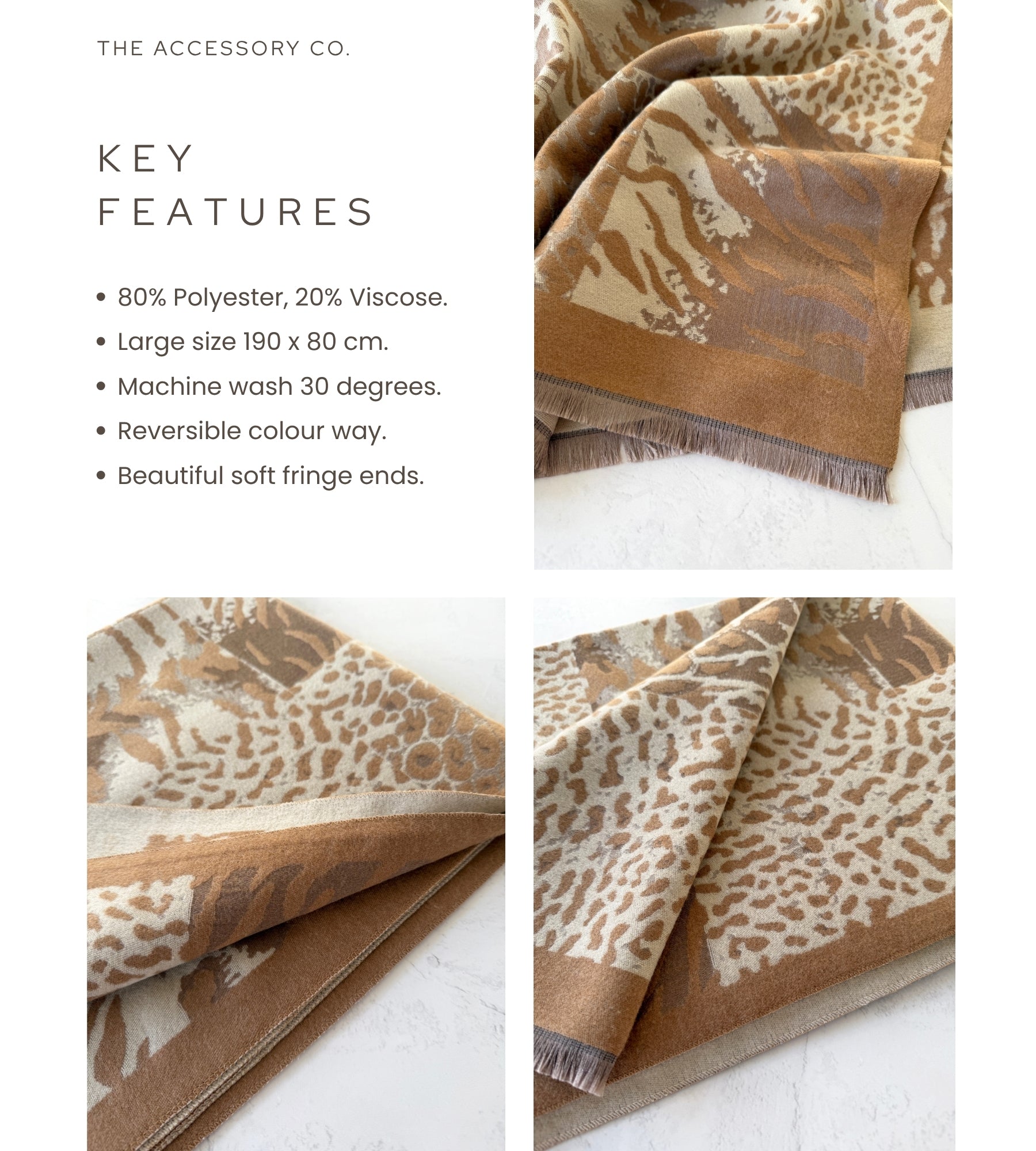 LARGE CAMEL ZEBRA LEOPARD PRINT REVERSIBLE WINTER SHAWL BLANKET SCARF