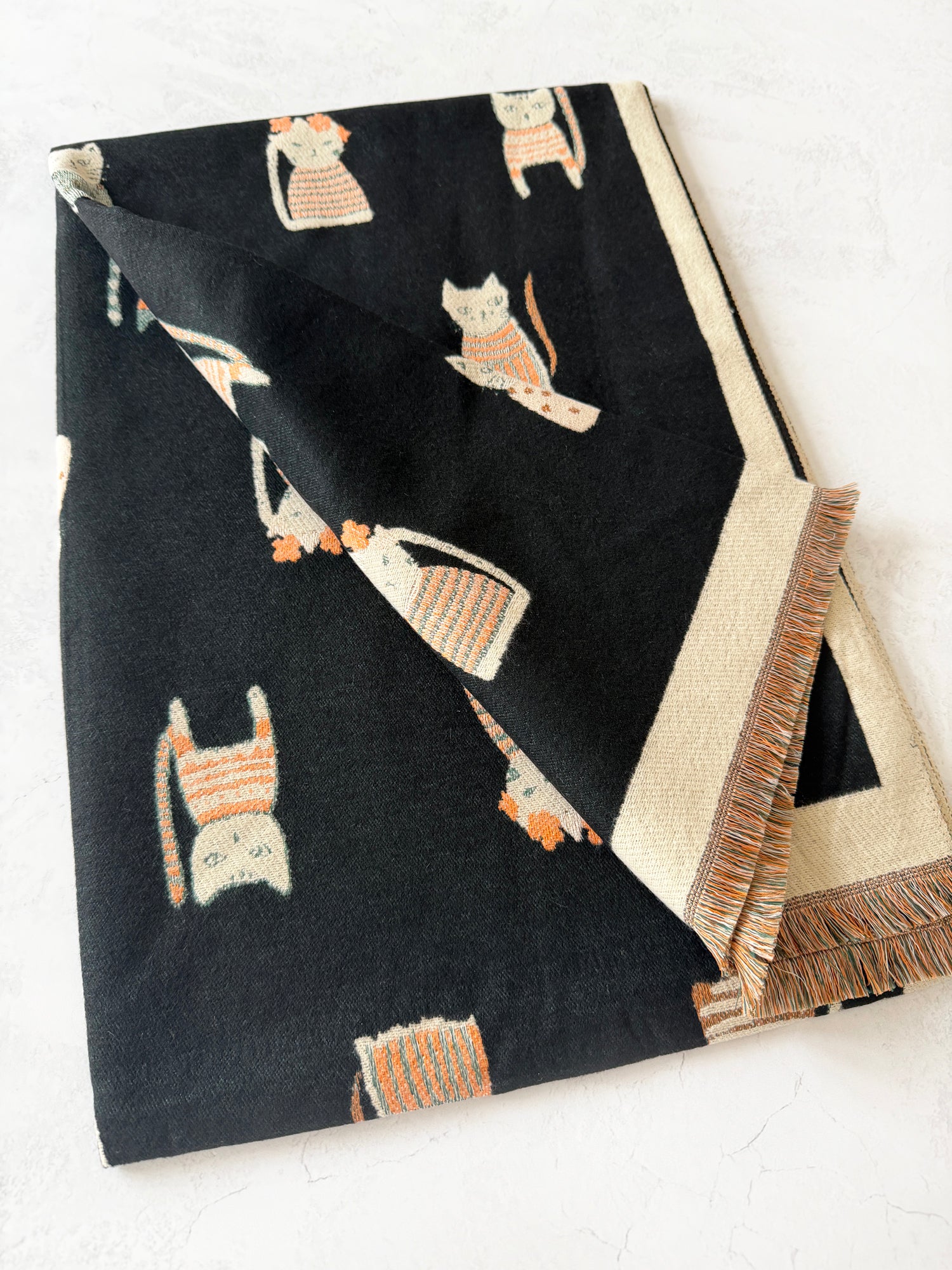 LARGE CASHMERE BLACK CAT PRINT REVERSIBLE WINTER SHAWL BLANKET SCARF