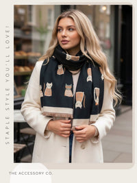 LARGE CASHMERE BLACK CAT PRINT REVERSIBLE WINTER SHAWL BLANKET SCARF