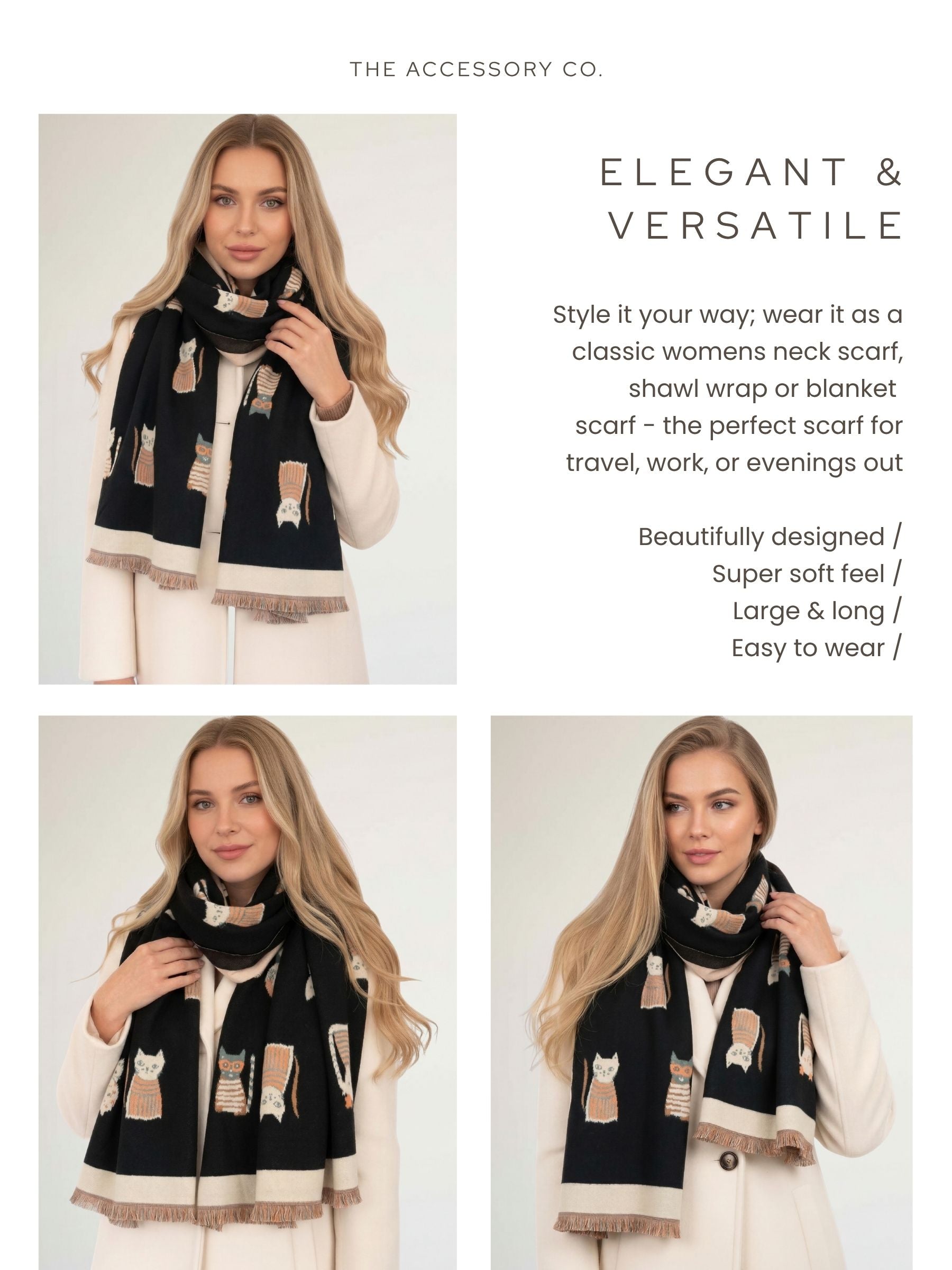 LARGE CASHMERE BLACK CAT PRINT REVERSIBLE WINTER SHAWL BLANKET SCARF