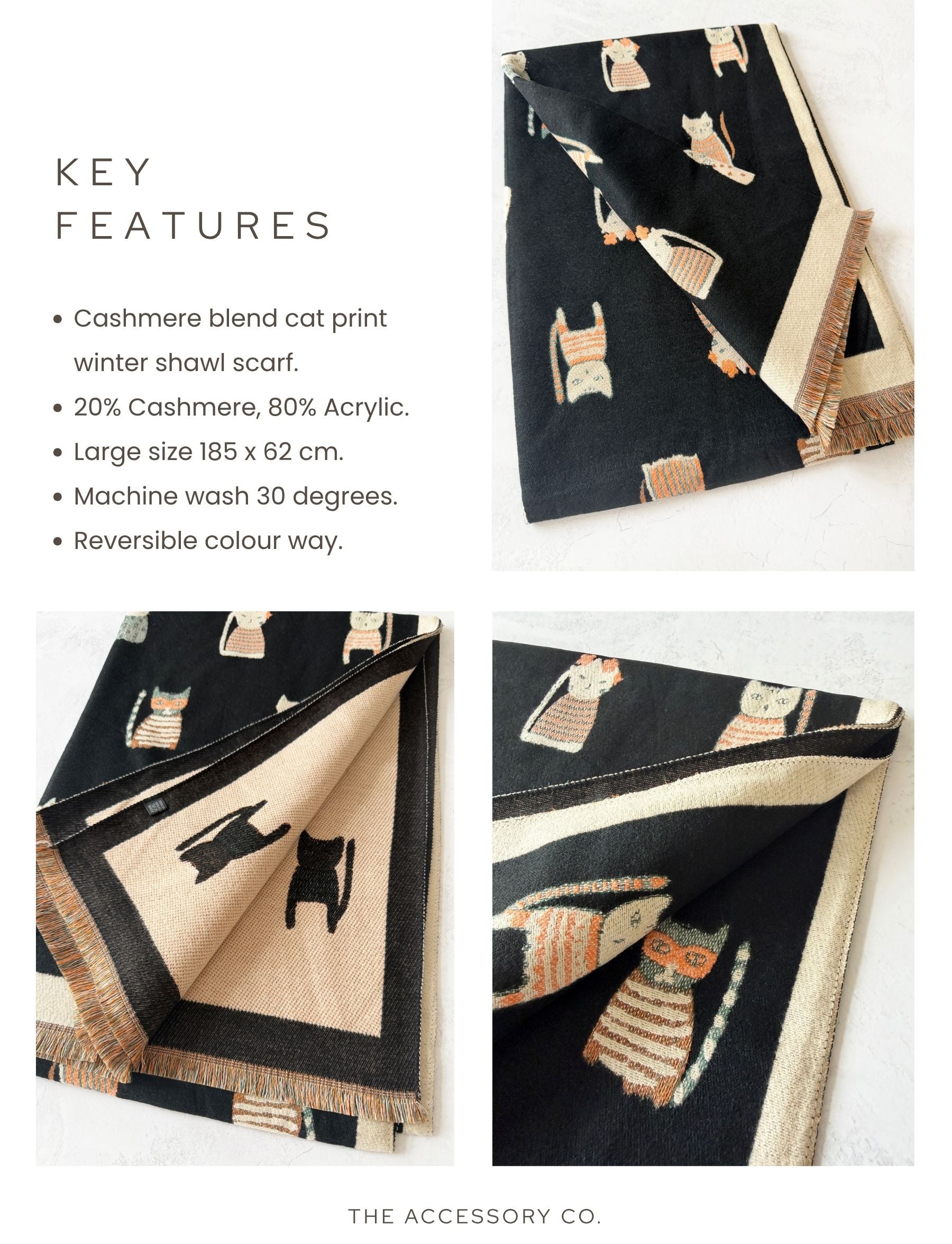 LARGE CASHMERE BLACK CAT PRINT REVERSIBLE WINTER SHAWL BLANKET SCARF