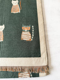 LARGE CASHMERE FOREST GREEN CAT PRINT REVERSIBLE WINTER SHAWL BLANKET SCARF
