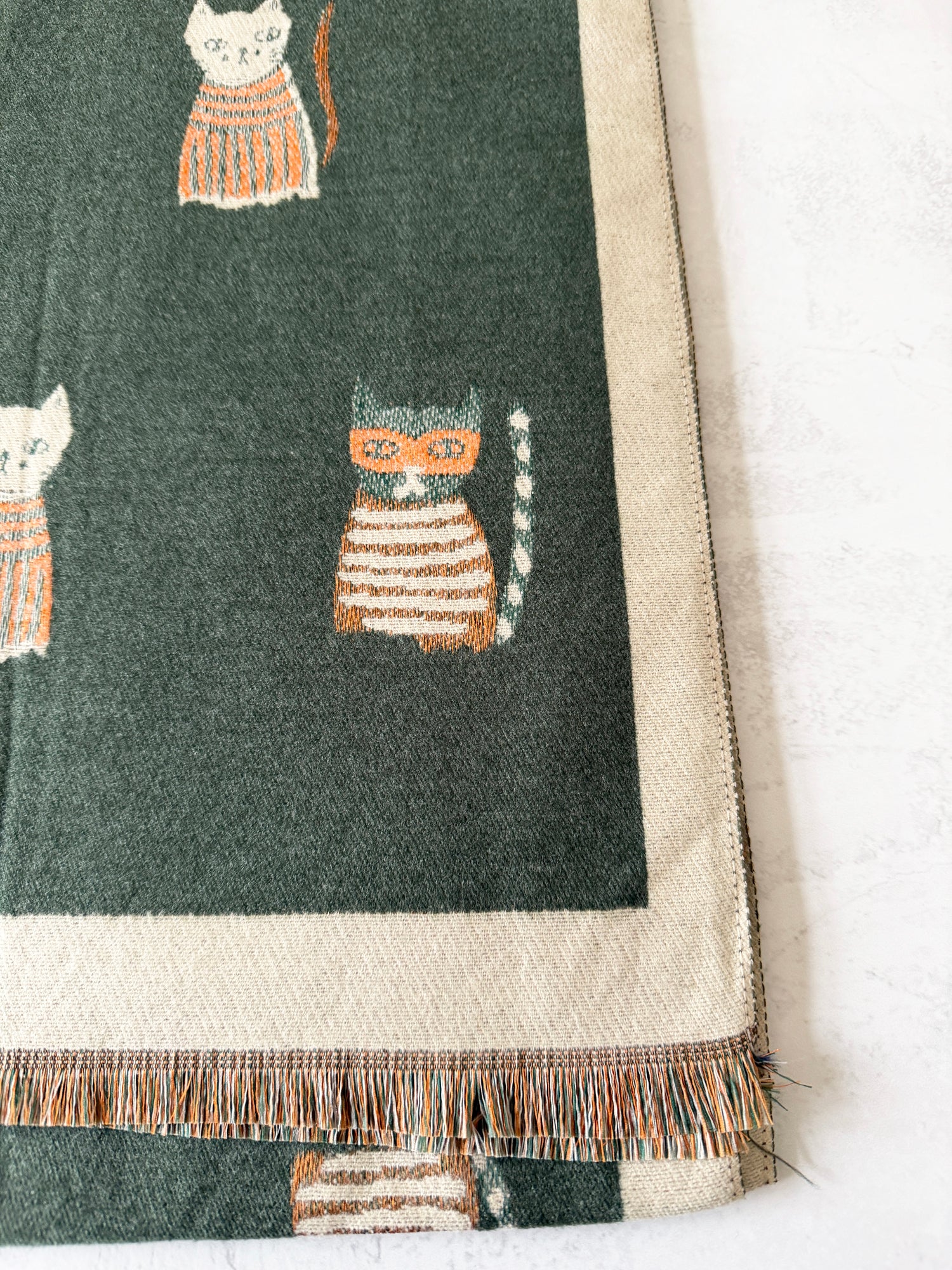 LARGE CASHMERE FOREST GREEN CAT PRINT REVERSIBLE WINTER SHAWL BLANKET SCARF