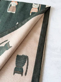 LARGE CASHMERE FOREST GREEN CAT PRINT REVERSIBLE WINTER SHAWL BLANKET SCARF