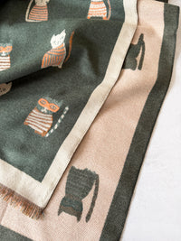 LARGE CASHMERE FOREST GREEN CAT PRINT REVERSIBLE WINTER SHAWL BLANKET SCARF