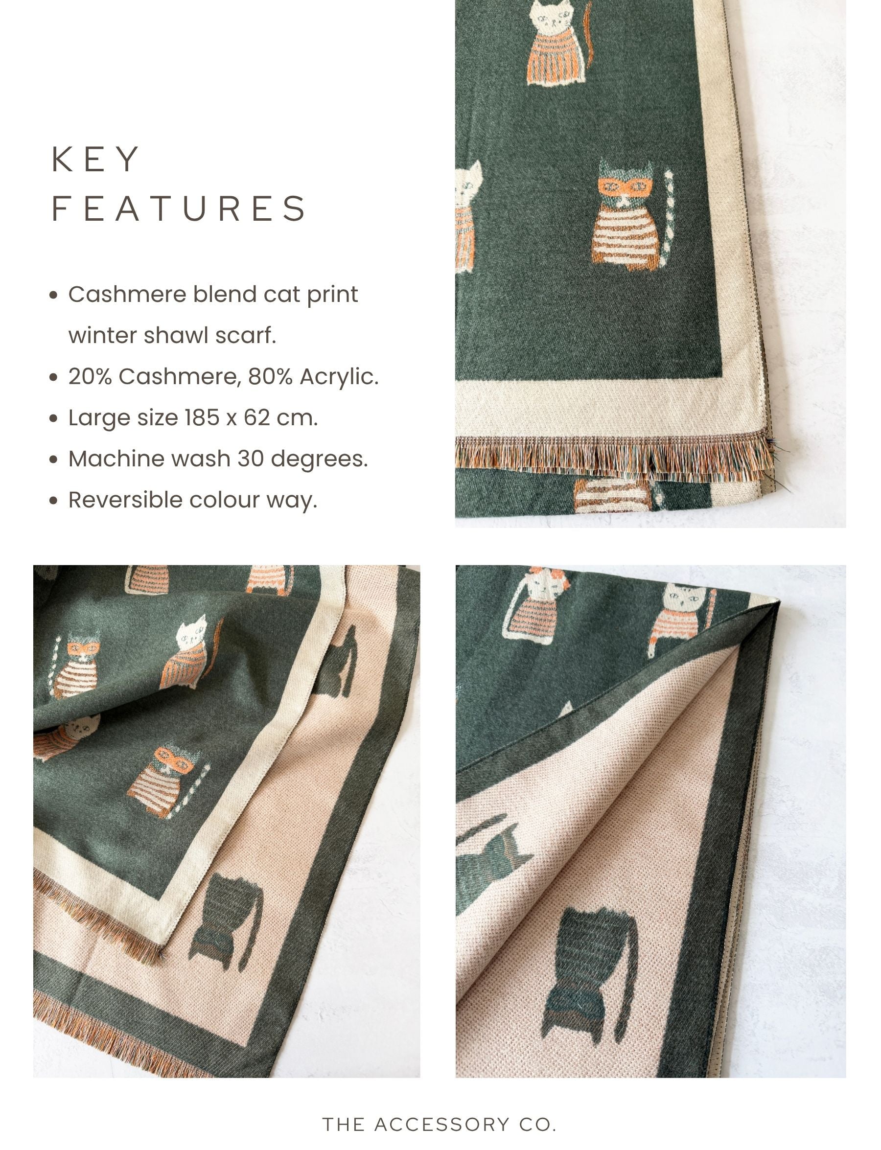 LARGE CASHMERE FOREST GREEN CAT PRINT REVERSIBLE WINTER SHAWL BLANKET SCARF