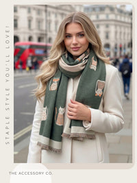 LARGE CASHMERE FOREST GREEN CAT PRINT REVERSIBLE WINTER SHAWL BLANKET SCARF