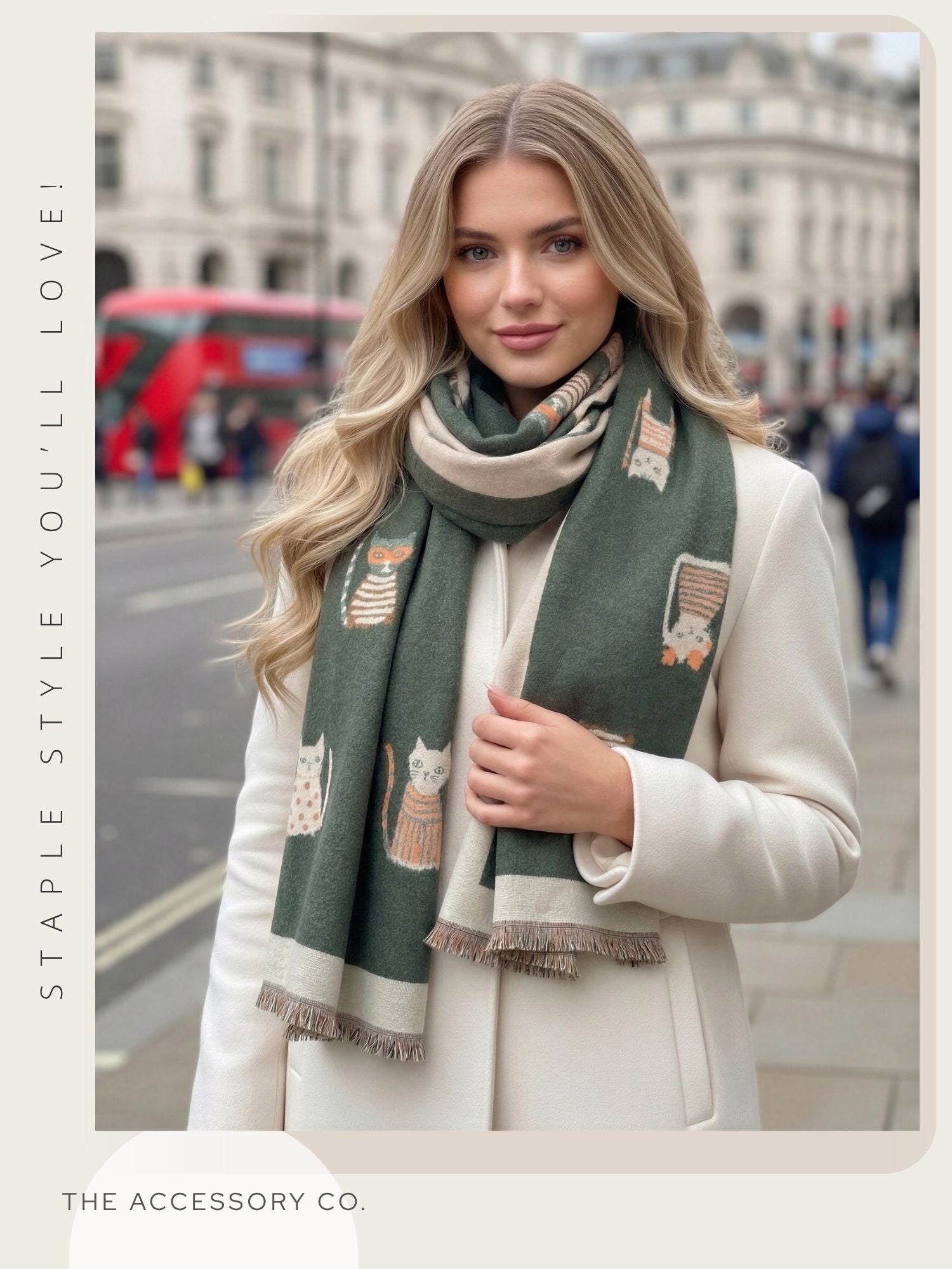 LARGE CASHMERE FOREST GREEN CAT PRINT REVERSIBLE WINTER SHAWL BLANKET SCARF