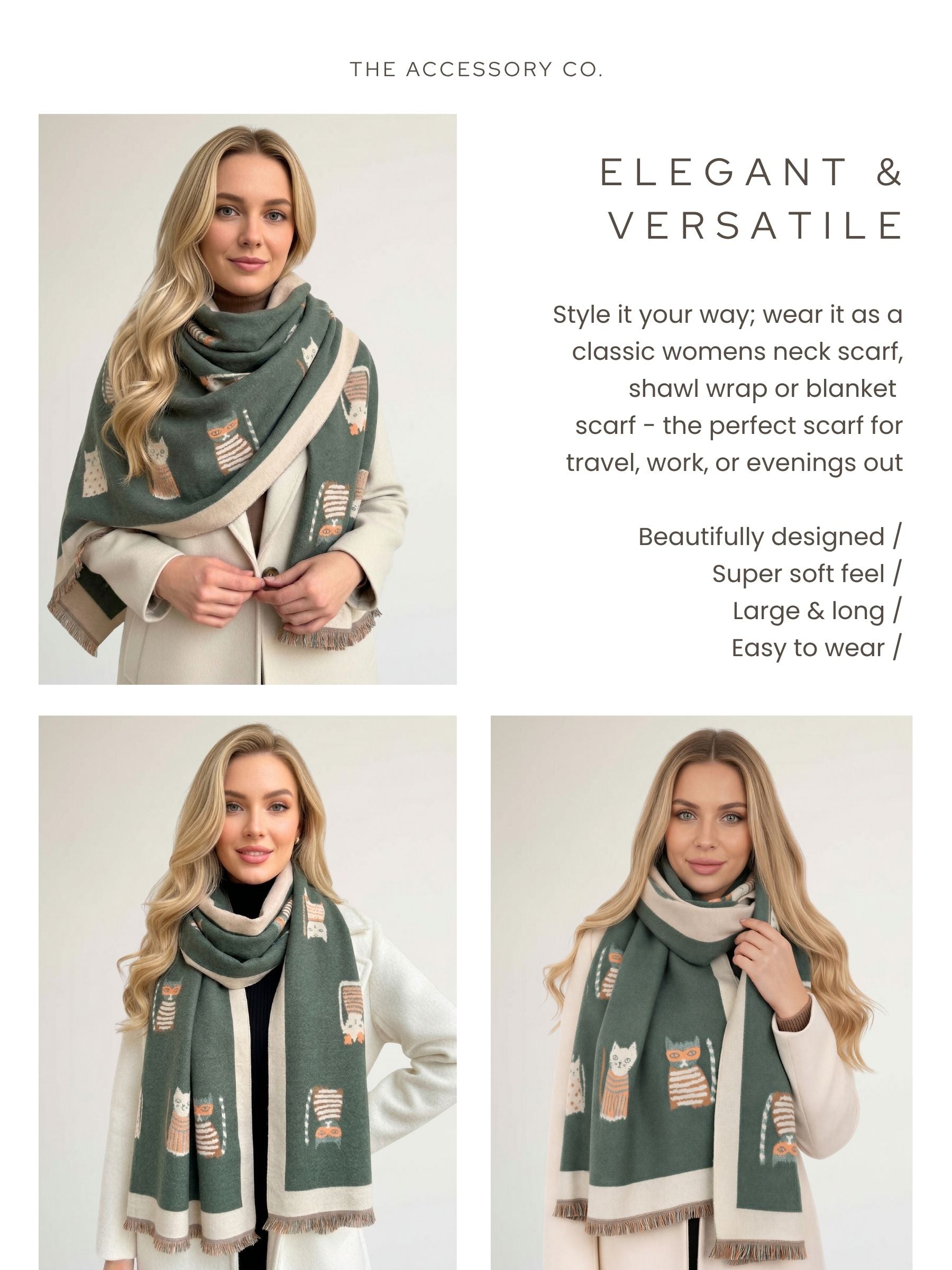 LARGE CASHMERE FOREST GREEN CAT PRINT REVERSIBLE WINTER SHAWL BLANKET SCARF