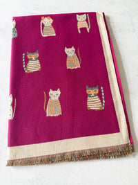 LARGE CASHMERE FUCHSIA PINK CAT PRINT REVERSIBLE WINTER SHAWL BLANKET SCARF