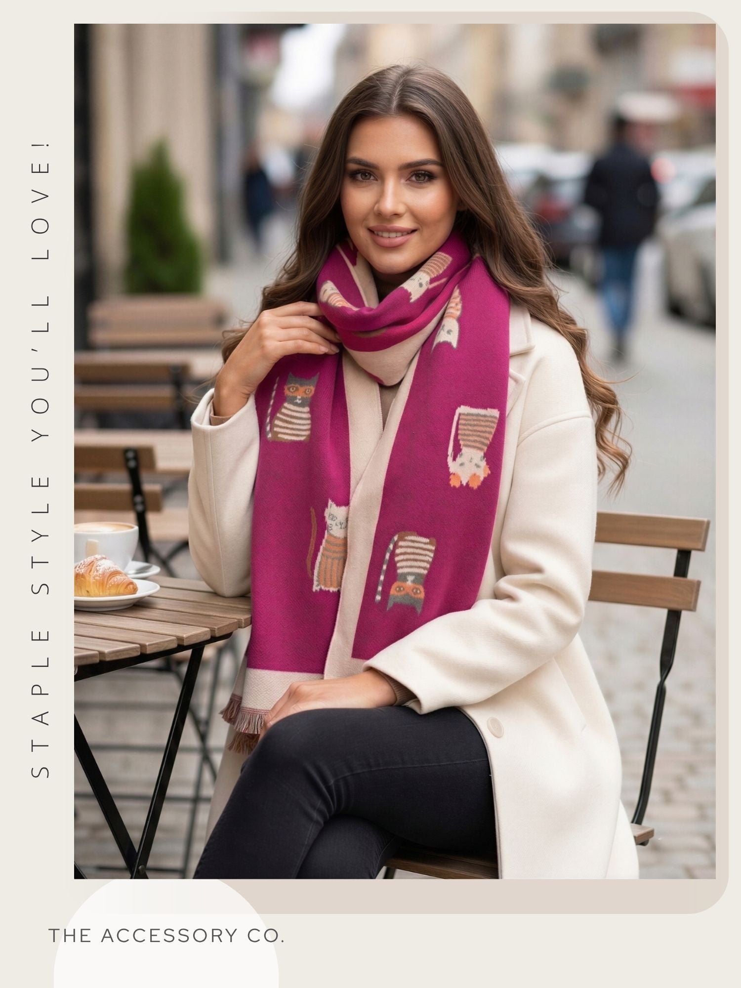 LARGE CASHMERE FUCHSIA PINK CAT PRINT REVERSIBLE WINTER SHAWL BLANKET SCARF