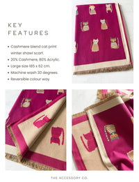 LARGE CASHMERE FUCHSIA PINK CAT PRINT REVERSIBLE WINTER SHAWL BLANKET SCARF
