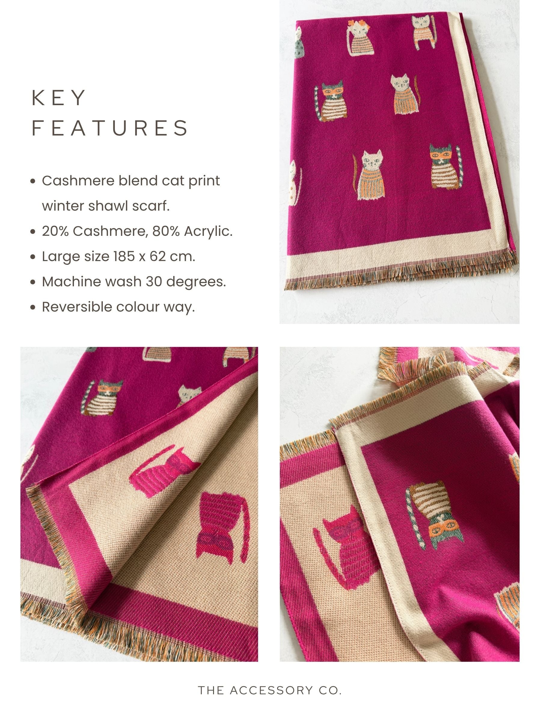 LARGE CASHMERE FUCHSIA PINK CAT PRINT REVERSIBLE WINTER SHAWL BLANKET SCARF