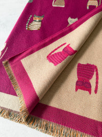 LARGE CASHMERE FUCHSIA PINK CAT PRINT REVERSIBLE WINTER SHAWL BLANKET SCARF