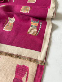 LARGE CASHMERE FUCHSIA PINK CAT PRINT REVERSIBLE WINTER SHAWL BLANKET SCARF