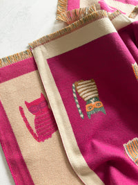 LARGE CASHMERE FUCHSIA PINK CAT PRINT REVERSIBLE WINTER SHAWL BLANKET SCARF
