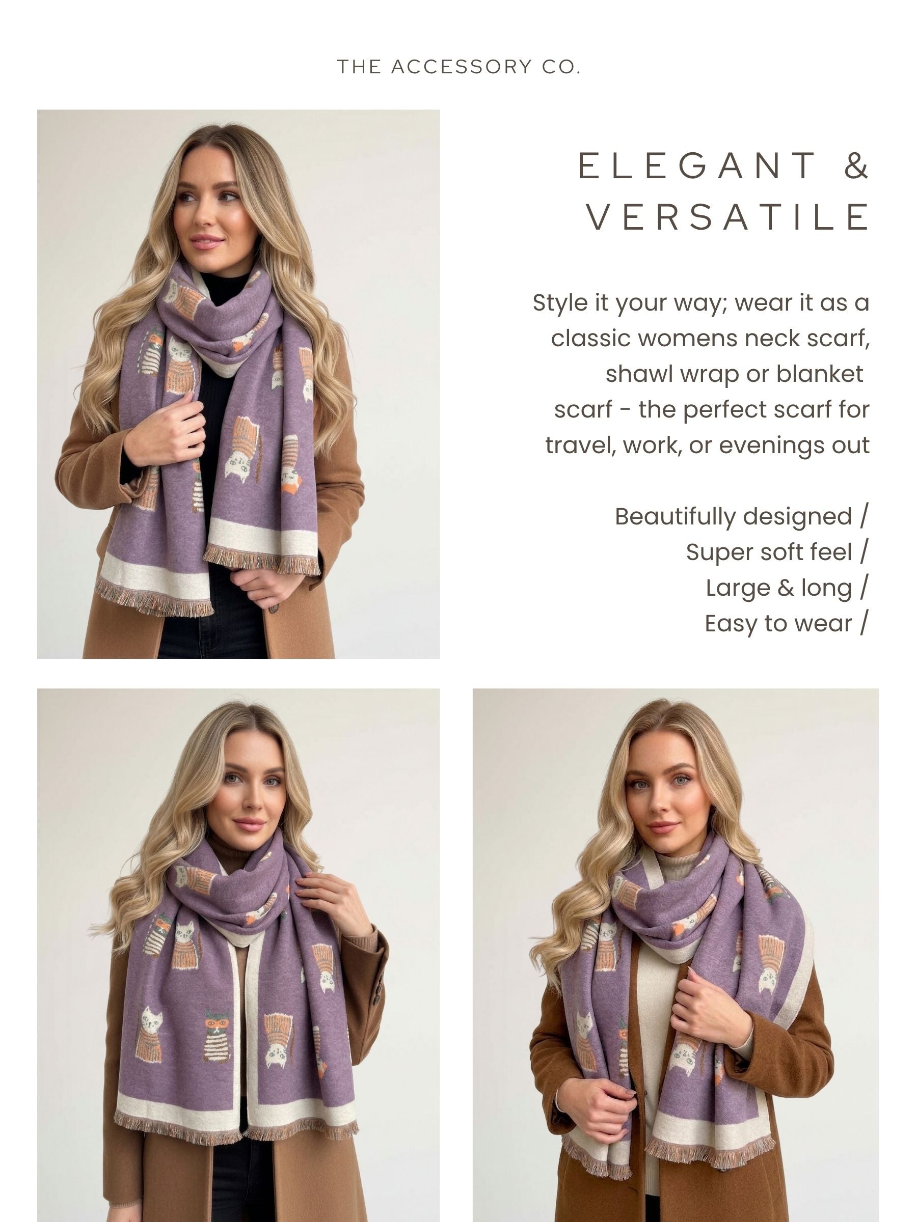 LARGE CASHMERE LILAC CAT PRINT REVERSIBLE WINTER SHAWL BLANKET SCARF