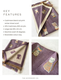 LARGE CASHMERE LILAC CAT PRINT REVERSIBLE WINTER SHAWL BLANKET SCARF