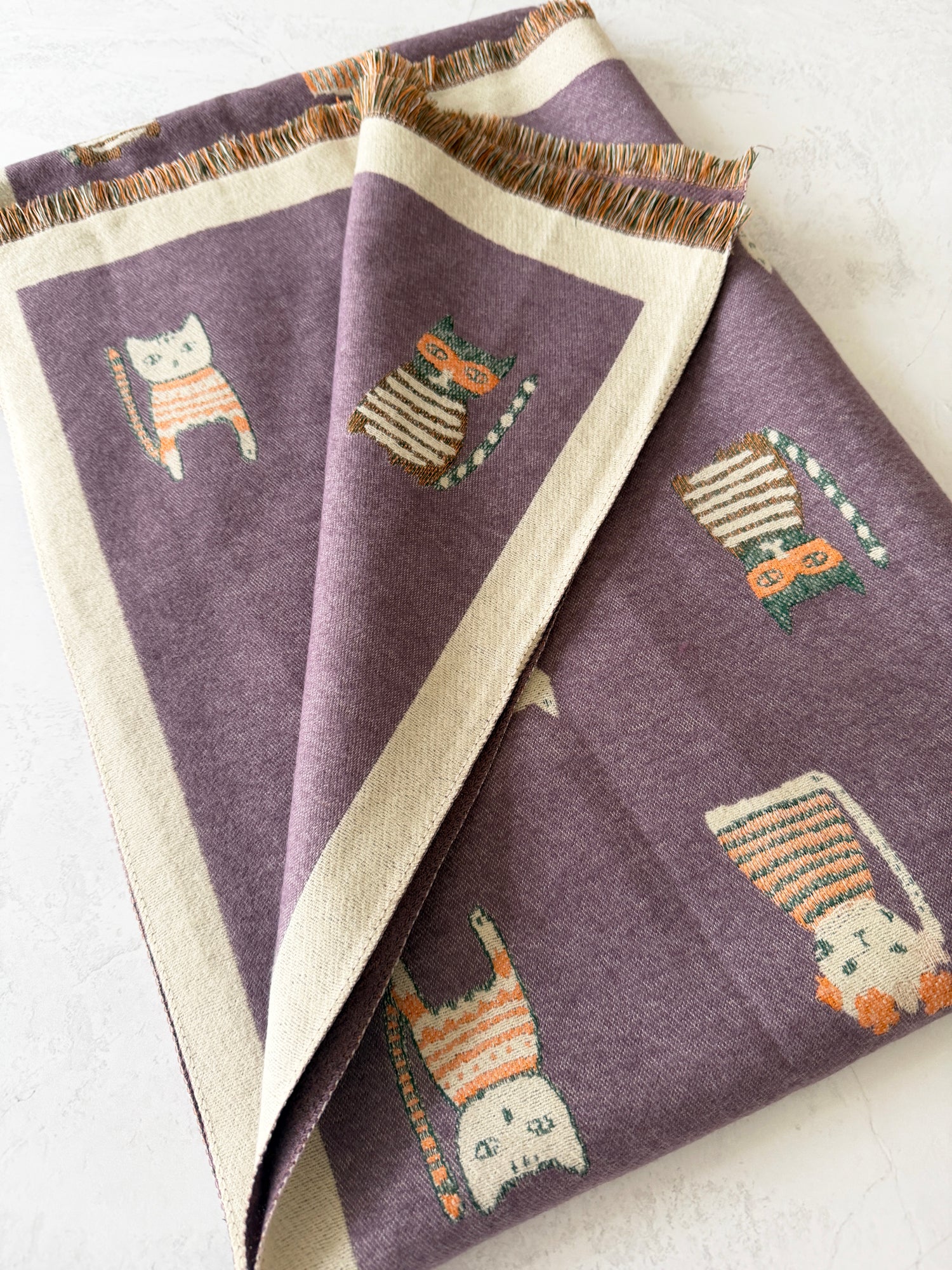 LARGE CASHMERE LILAC CAT PRINT REVERSIBLE WINTER SHAWL BLANKET SCARF
