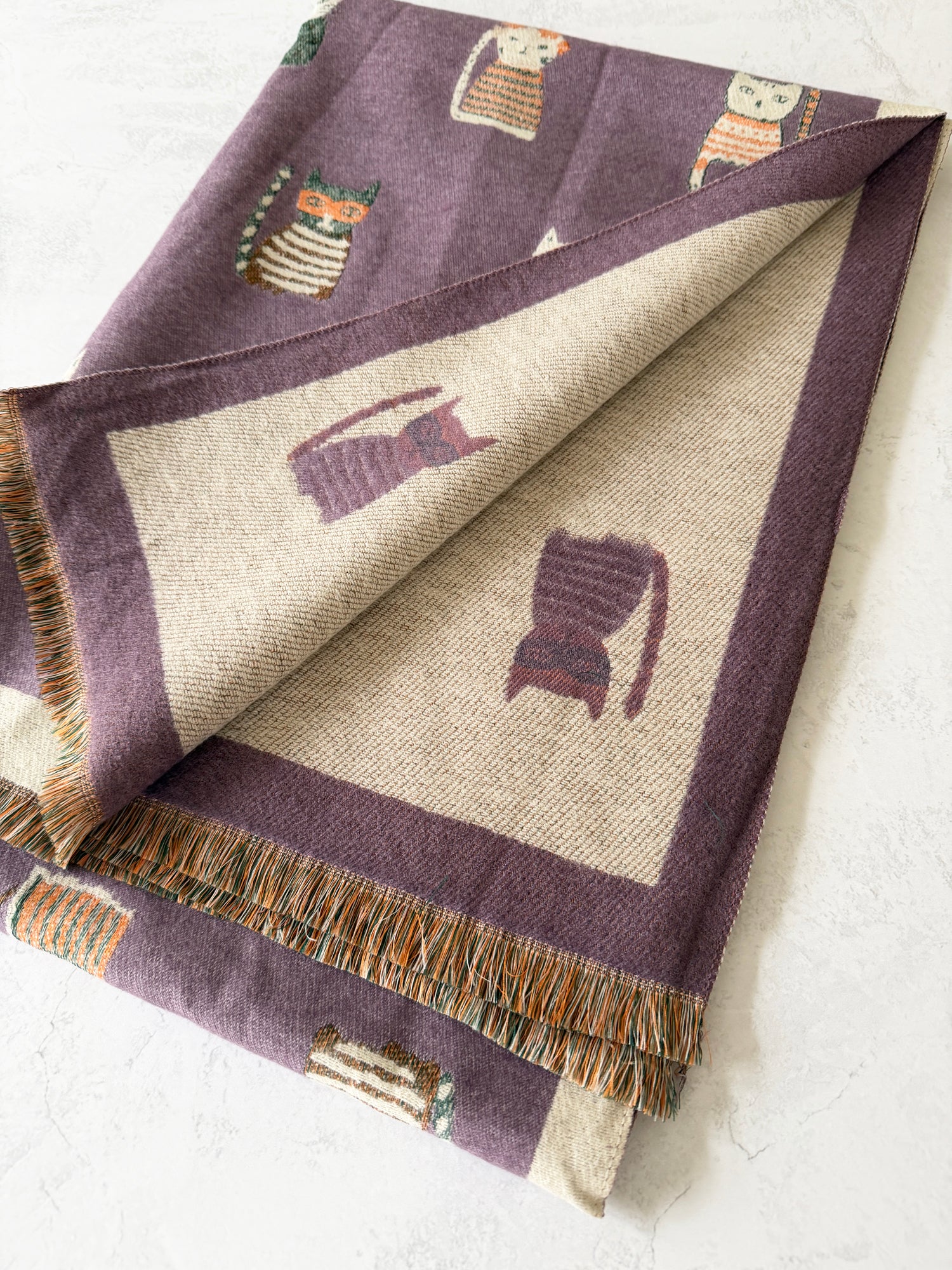 LARGE CASHMERE LILAC CAT PRINT REVERSIBLE WINTER SHAWL BLANKET SCARF