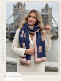 LARGE CASHMERE NAVY CAT PRINT REVERSIBLE WINTER SHAWL BLANKET SCARF
