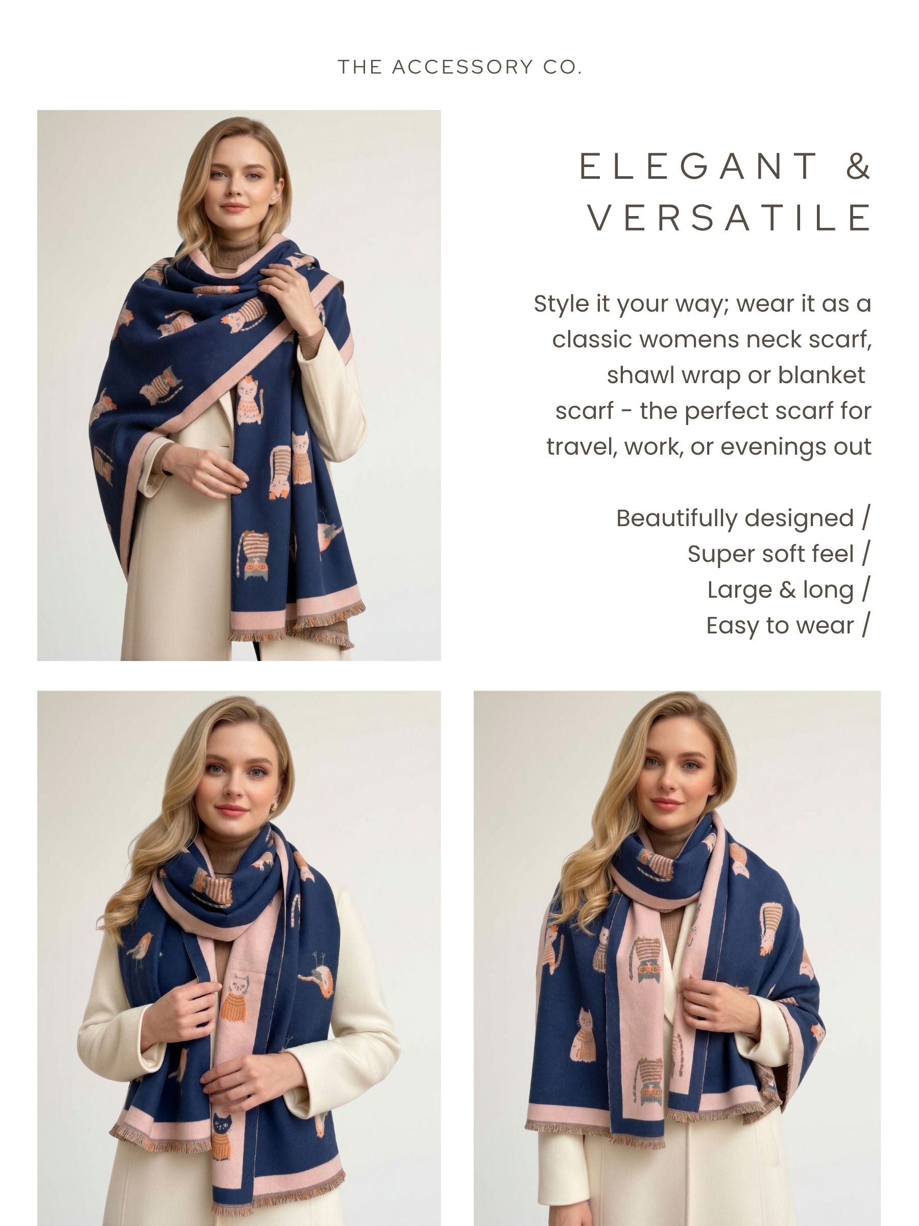 LARGE CASHMERE NAVY CAT PRINT REVERSIBLE WINTER SHAWL BLANKET SCARF