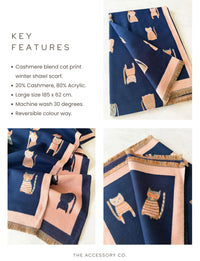 LARGE CASHMERE NAVY CAT PRINT REVERSIBLE WINTER SHAWL BLANKET SCARF