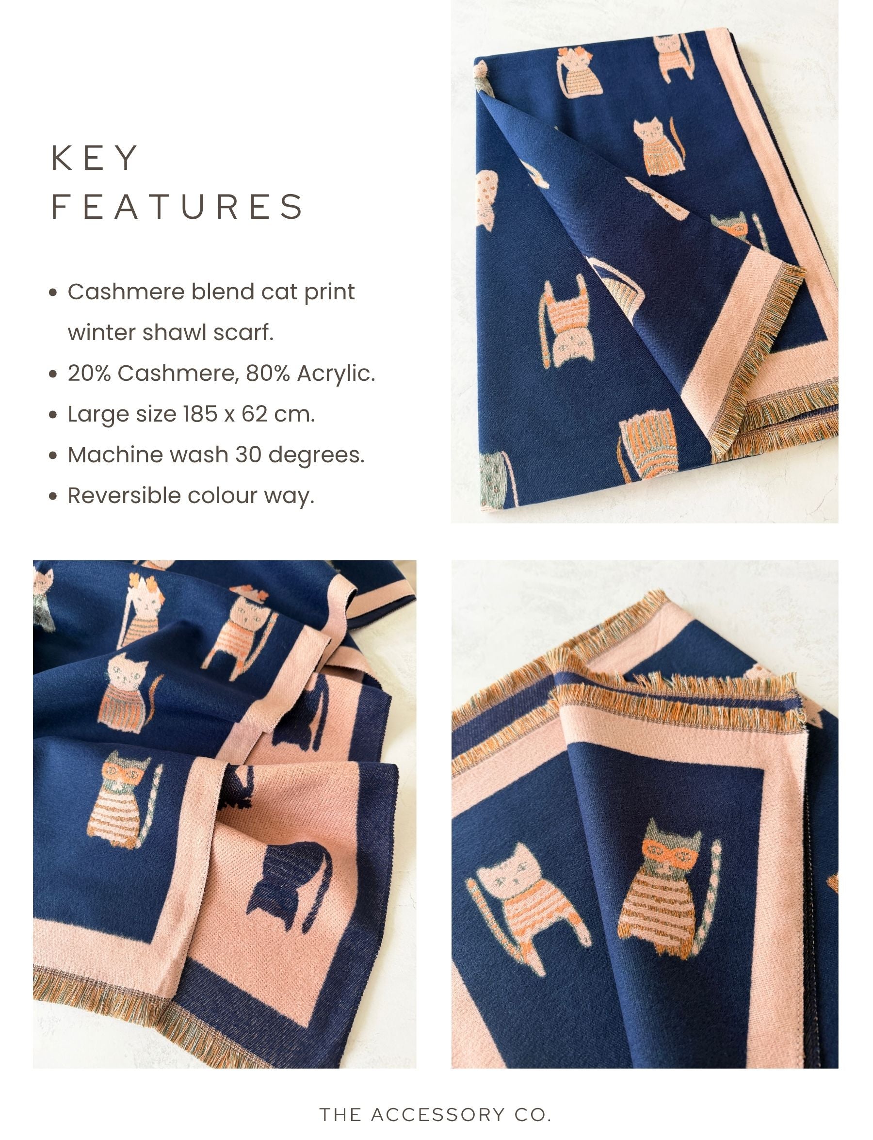 LARGE CASHMERE NAVY CAT PRINT REVERSIBLE WINTER SHAWL BLANKET SCARF