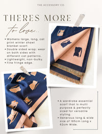 LARGE CASHMERE NAVY CAT PRINT REVERSIBLE WINTER SHAWL BLANKET SCARF