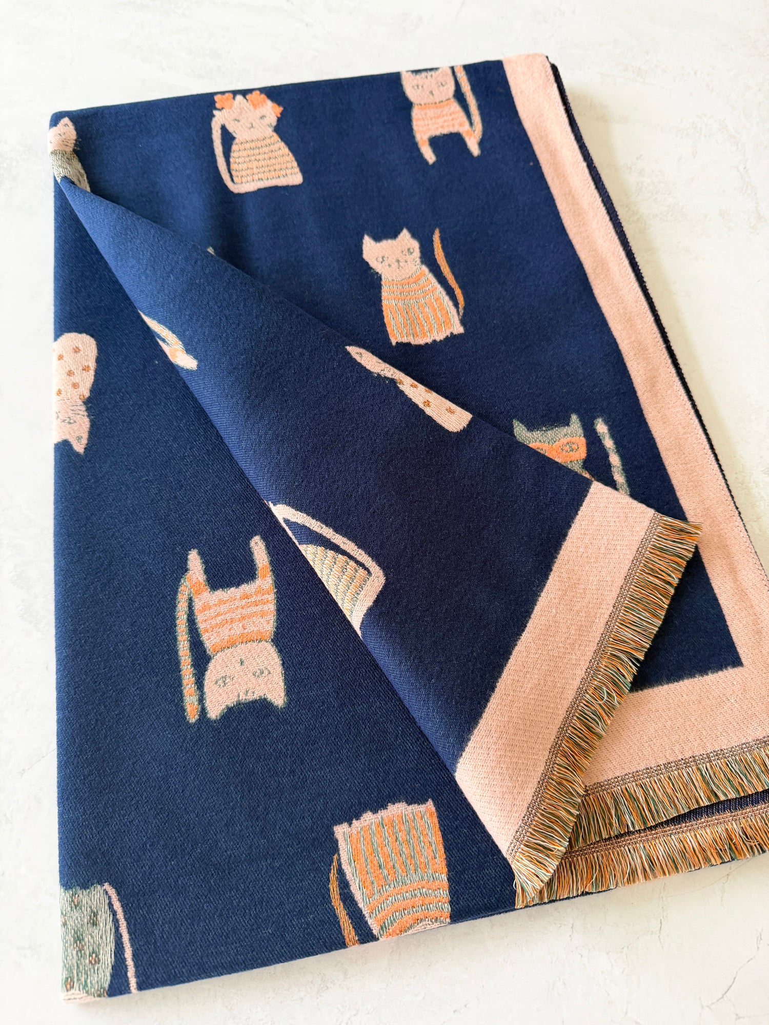 LARGE CASHMERE NAVY CAT PRINT REVERSIBLE WINTER SHAWL BLANKET SCARF