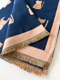 LARGE CASHMERE NAVY CAT PRINT REVERSIBLE WINTER SHAWL BLANKET SCARF
